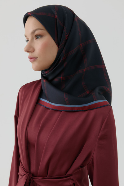 Tuğba Kare Çizgi Desenli Twill İpek Eşarp - Lacivert