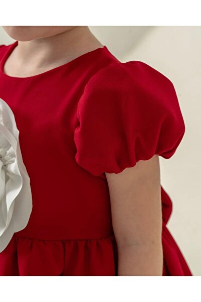 Eray Kids Gül Detaylı Kız Çocuk Kırmızı Elbise
