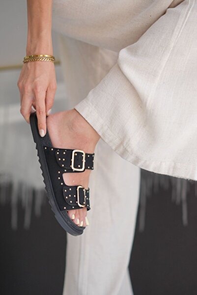 Elvin Shoe Γυναικείες καθημερινές παντόφλες Luna Black Stone με λεπτομέρειες