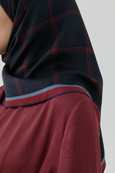 Tuğba Kare Çizgi Desenli Twill İpek Eşarp - Lacivert