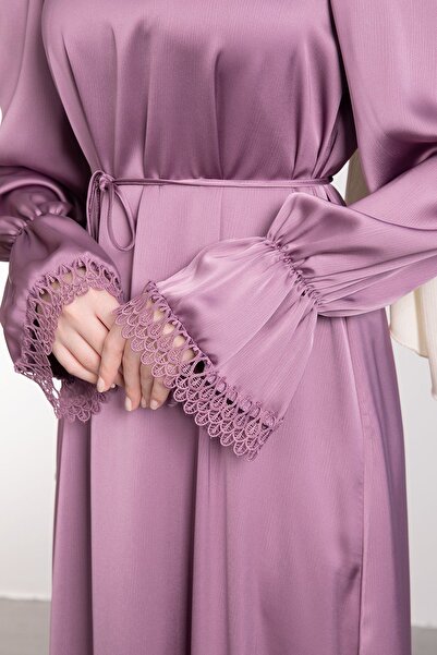 STİLZERAFET Double Ruffled Guipure Detailed Satin Hijab Evening Dress