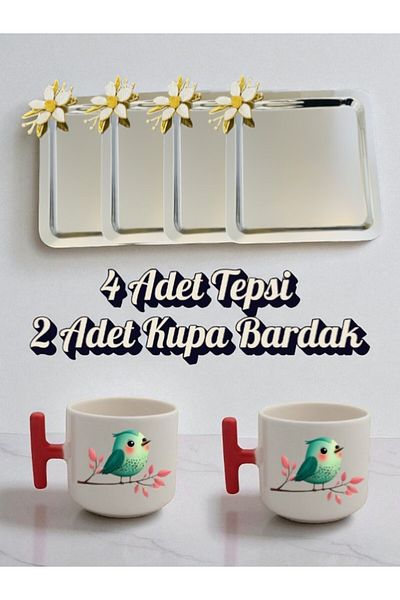 lili hediyelik 4-Piece Daisy Tray Coffee Presentation Tray 21X21 cm - 2-Piece Bird Red Handled Coffee Cup