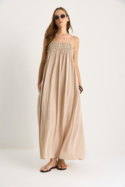 Bianco Lucci Women's Thin Strap Gathered Pocket Detailed Lined Thin Cotton Dress 60283512