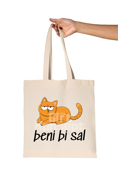giftkonsept Beni Bi Sal-Bezgin Cat Printed Gift Organic Raw Cloth Bag