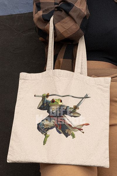 giftkonsept Samurai Frog 3 Printed Japanese Illustration Anime Manga Printed Gift Organic Raw Cloth Bag
