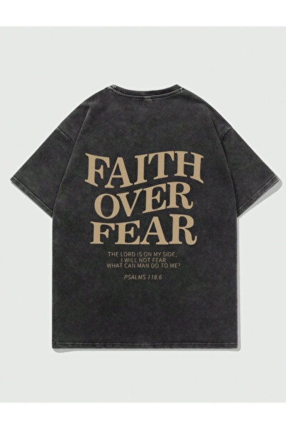 LAYORA تي شيرت رجالي كبير الحجم مطبوع عليه Vintage - Faith Over Fear Written