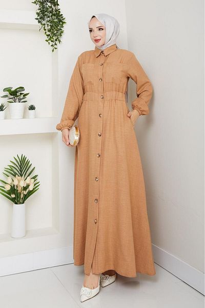 Hb Harma Time Butik Women's Pocket Detailed Buttoned Belted Beige Linen Dress