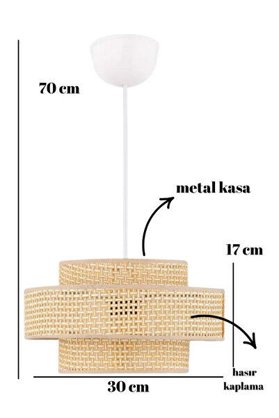 Art&Gift Otantik Trio Metal Kasalı Hasır Kaplama Rattan Salon Avize Üç Katlı Pasta Yatak Odası Sarkıt
