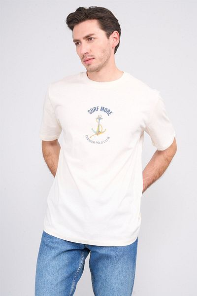 Çetinkaya Chester Polo 3865 Men's Crew Neck 30/1 Combed Cotton Printed Regular T-Shirt Cream