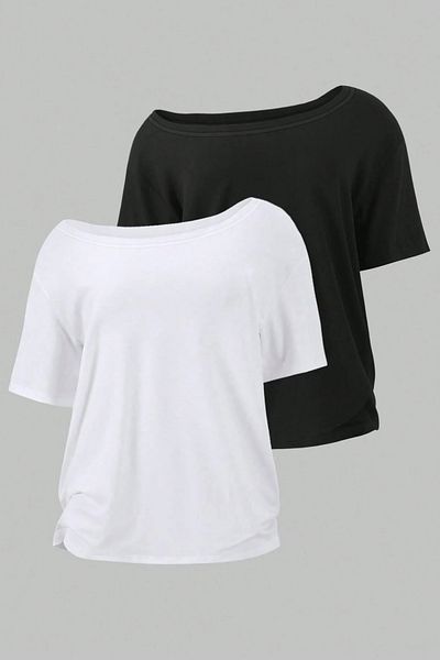 Tarz Cool Black and White 2-Pack Women's Off Shoulder Boat Neck Oversize T-Shirt