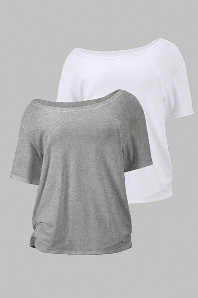 Tarz Cool Gray White 2-Pack Women's Off Shoulder Boat Neck Oversize T-Shirt