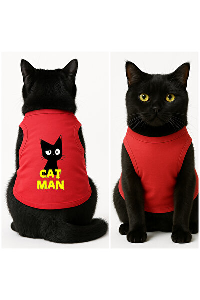 Buddy Store ملابس قطط - قميص داخلي مطبوع عليه Catman باللون الأحمر - مقاس L