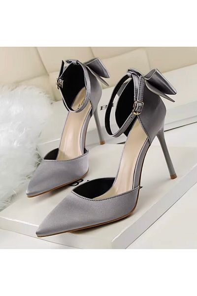 Felisya Butik Bow Detailed Gray Satin Heeled Shoes 10.5 Cm-Felisyabutik