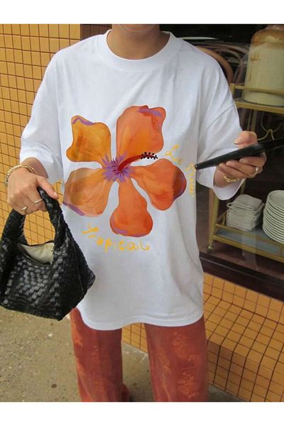 SEDA IŞIKLAR Unisex Women-Men Tropical Floral Printed Oversize T-Shirt