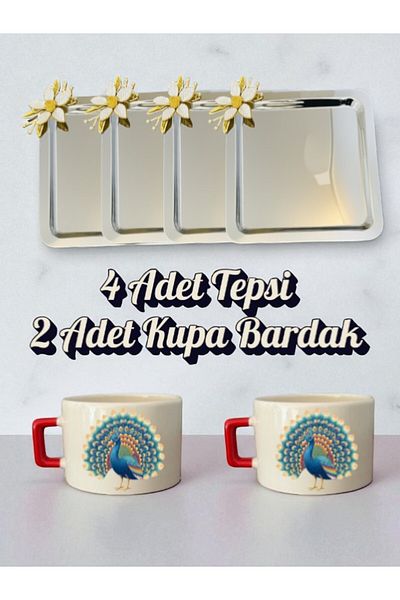 lili hediyelik 4-Piece Daisy Tray Coffee Presentation Tray 21X21 cm - 2-Piece Peacock Small Coffee Cup Mug