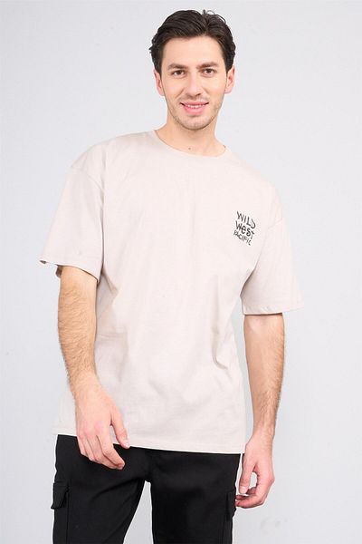 Çetinkaya Chester Polo 3842 Crew Neck 30/1 Combed Cotton Oversize Printed T-Shirt Mink