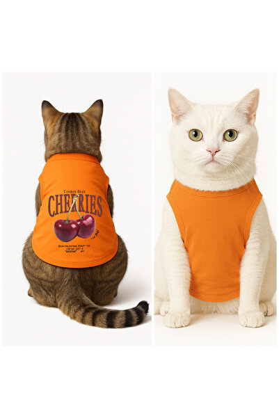 Buddy Store ملابس قطط - قميص داخلي برتقالي مطبوع عليه كرز - مقاس L
