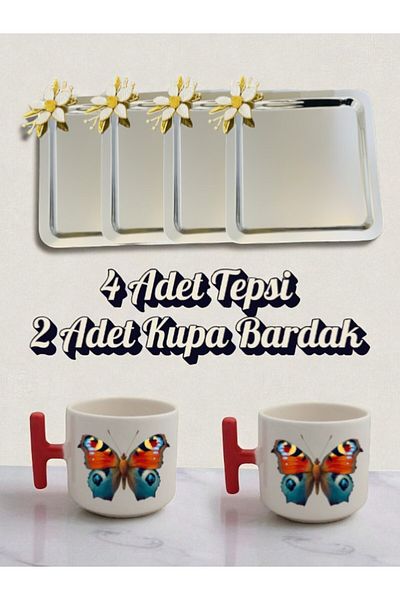 lili hediyelik 4-Piece Daisy Tray Coffee Presentation Tray 21X21 cm - 2-Piece Butterfly Red Handled Coffee Cup