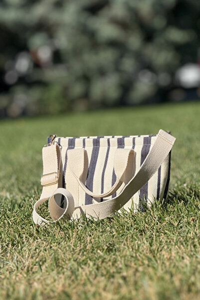 Store Geantă de umăr din pânză de vară cu model de dungi