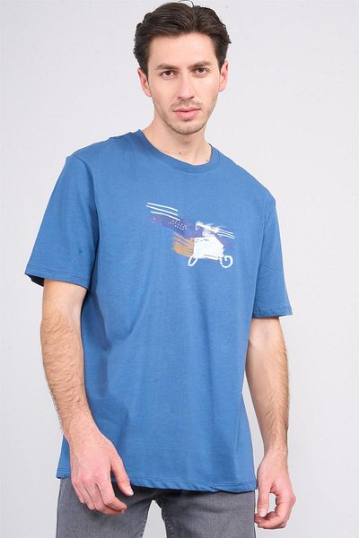 Çetinkaya Chester Polo 3863 Crew Neck 30/1 Combed Cotton Comfort Printed T-Shirt Indigo