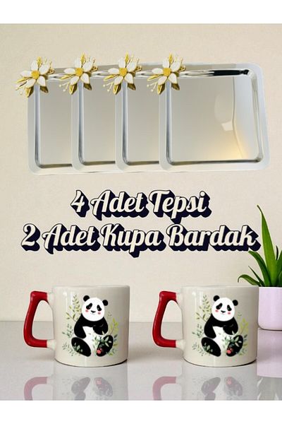 lili hediyelik 4-Piece Daisy Tray Coffee Presentation Tray 21X21 cm - 2-Piece Panda Coffee Cup Mug Cup