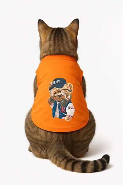 Buddy Store Cat Outfit Clothes Singlet - Enjoy Printed Orange Singlet - Size L