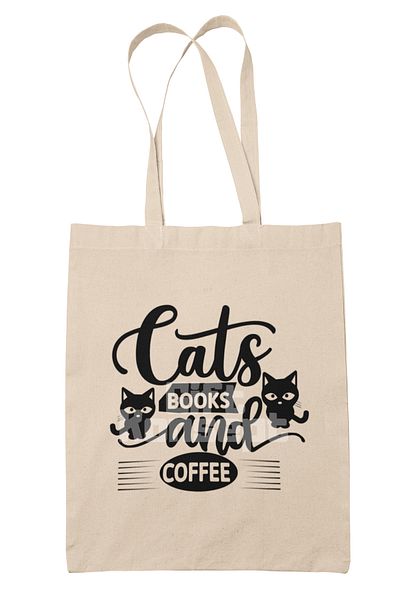 giftkonsept Cats Books and Coffee Themed Cat Book Coffee Lover Printed Gift Organic Raw Cloth Bag