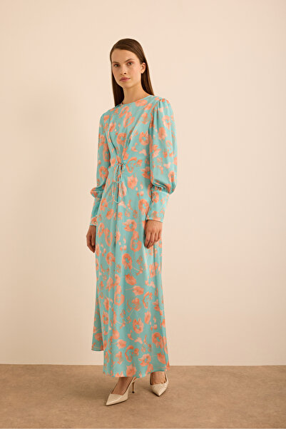 Aker Çiçek Desenli Beli Bağlama Detaylı Elbise