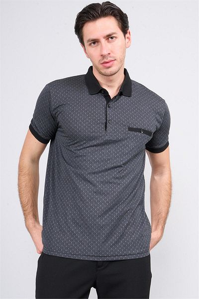 Mentality 3774 Men's Polo Neck Baklava Pattern T-Shirt Black-Grey