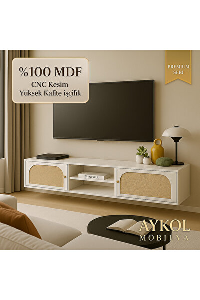AYKOL MOBİLYA Rattan (Jüt Kumaş) Kapaklı TV Ünitesi 180 cm – %100 MDF, CNC Ke...