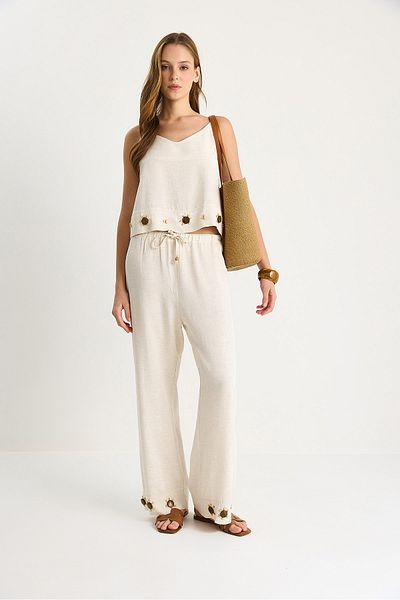 Bianco Lucci Women's Thin Strap V-Neck Blouse Casual Fit Pants Linen Suit with Accessories B28-4900 60283506