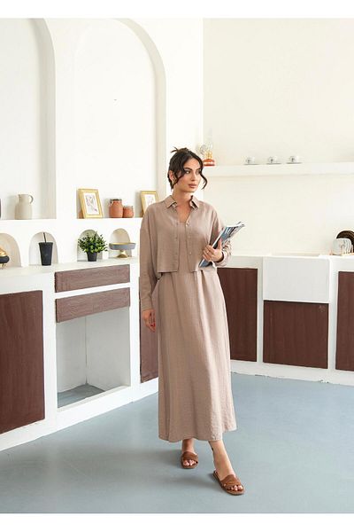 FMN Collection Midi Length Casual Stylish Dress Button Design Shirt Hijab Compatible Multiple Double Suit Strap Loose Fit