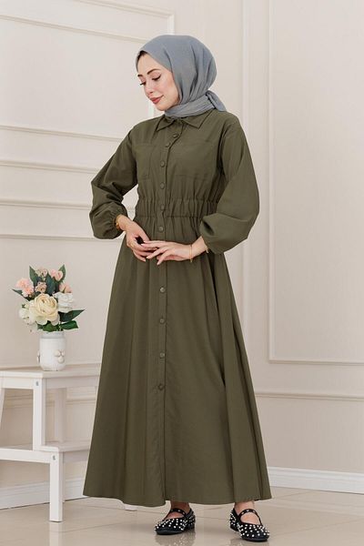 Sevitli Elastic Waist Pocket Dress-Khaki