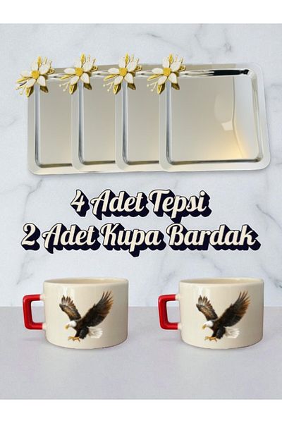 lili hediyelik 4-Piece Daisy Tray Coffee Presentation Tray 21X21 cm - 2-Piece Small Coffee Cup Mug with Eagle