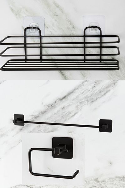 UG Home Black Bathroom Shower Shelf Adhesive Long Towel Holder Outdoor Adhesive Toilet Paper Holder Set of 3