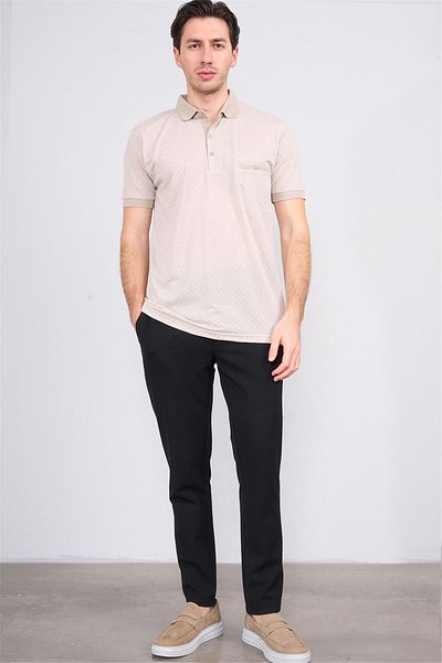 Mentality 3774 Men's Polo Collar Houndstooth Pattern T-Shirt Dark Beige-Light Beige