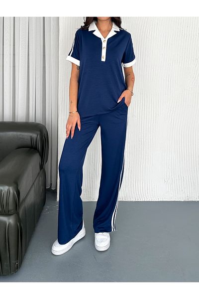 02Lady Fashion Soft Texture Polo Collar Buttoned Modal Fabric Tracksuit Set