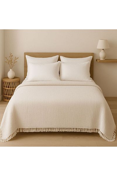 PABRICCA COLLECTIONS. 100% Premium Cotton 4 Layer Muslin Double Bedding Cover with Fringe 220X250