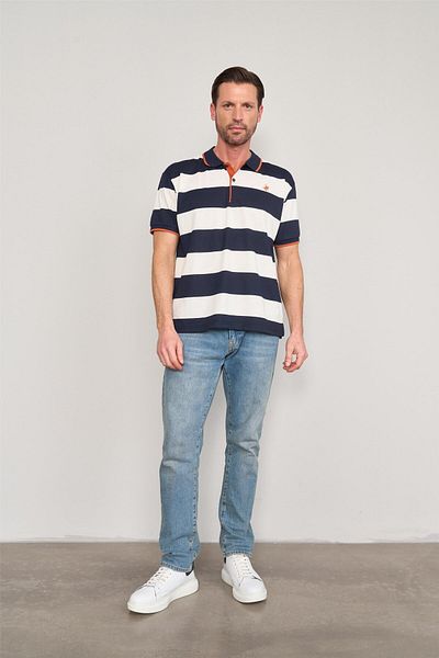 Çetinkaya Chester Polo 4111 Men's Polo Neck 30/1 Ringelli Pique T-Shirt Navy Blue-White