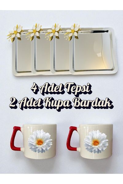 lili hediyelik 4-Piece Daisy Tray Coffee Presentation Tray 21X21 cm - 2-Piece Daisy Coffee Cup Mug Cup