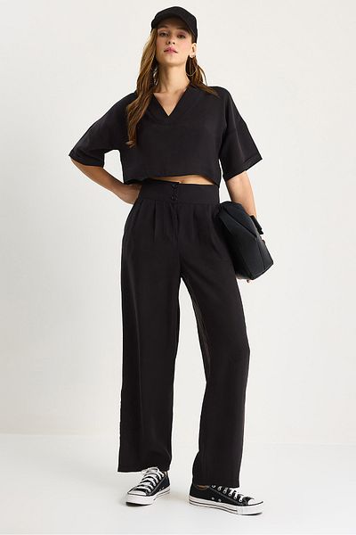 Bianco Lucci Women's V-Neck Crop Double Button Pants Modal Bottom-Top Suit 9330-1 60283505