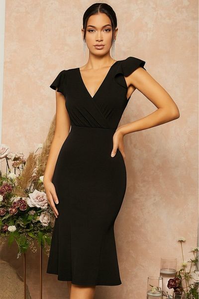 Masspera Double Breasted Collar Ruffle Sleeves Backless Imported Crepe Fabric Evening Dress