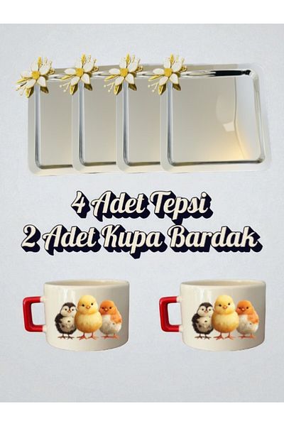 lili hediyelik 4-Piece Daisy Tray Coffee Presentation Tray 21X21 cm - 2-Piece Chick Small Coffee Cup Mug