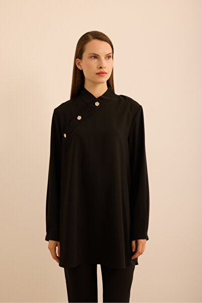 Aker Yakası Asimetrik , Metal Düğme Detaylı Dokuma Tunik