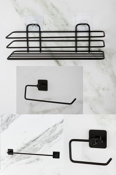 UG Home Black Bathroom Shower Shelf Long Towel Holder Outdoor Adhesive Toilet Paper Holder Solo Napkin Holder 4-Piece Bathroom Set