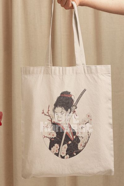 giftkonsept Samurai Girl 3 Printed Japanese Manga Girl Samurai Figure Printed Gift Organic Raw Cloth Bag