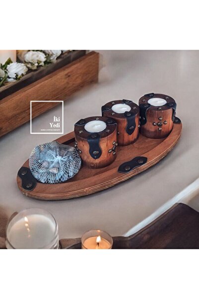 77 Dosena 77-1 Ahşap Tealight Mumluk Seti Deri Detaylı Üçlü Şamdan Dekoratif ...