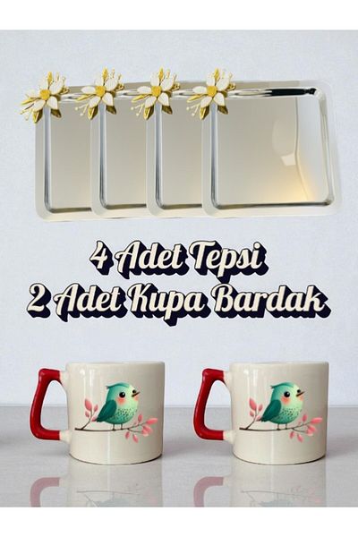 lili hediyelik 4-Piece Daisy Tray Coffee Presentation Tray 21X21 cm - 2-Piece Bird Coffee Cup Mug Cup