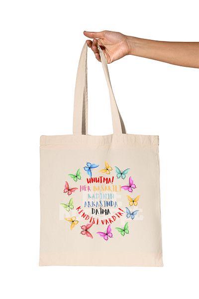 giftkonsept Behind a Successful Woman There Is Herself - Butterfly Motivational Printed Gift Organic Raw Cloth Bag