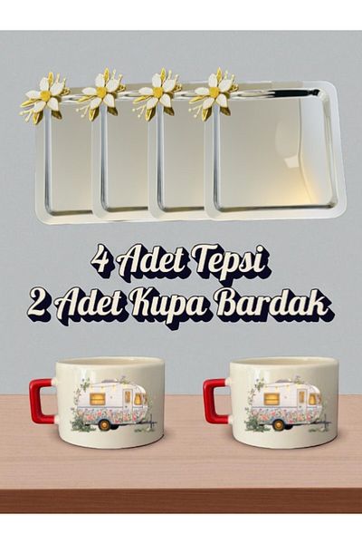 lili hediyelik 4-Piece Daisy Tray Coffee Presentation Tray 21X21 cm - Small Coffee Cup Mug with 2 Caravans